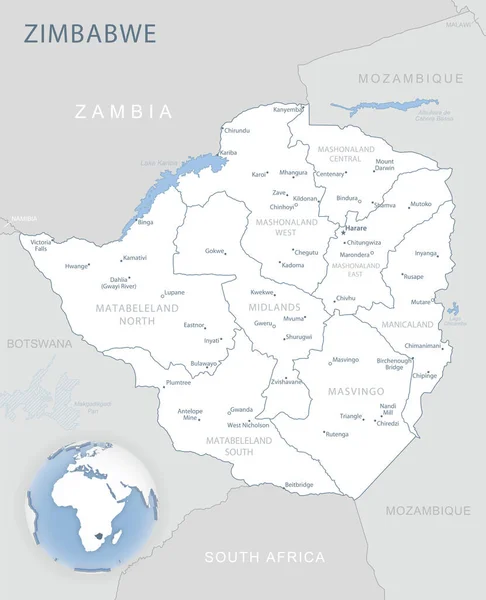 Mapa Detallado Azul Gris Las Divisiones Administrativas Ubicación Zimbabue Mundo — Vector de stock