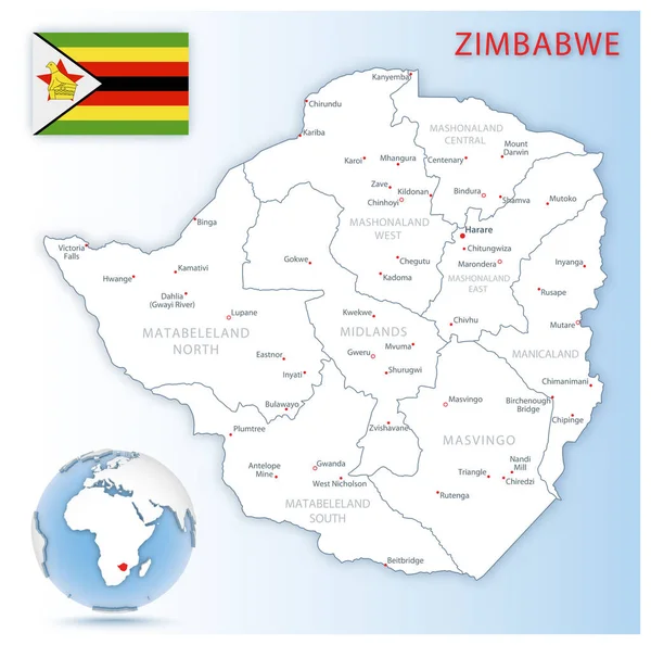 Mapa Administrativo Detallado Zimbabue Con Bandera Del País Ubicación Globo — Vector de stock