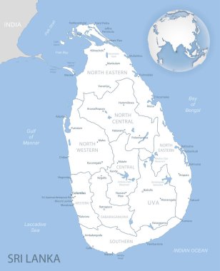 Sri Lanka idari birimlerinin mavi-gri detaylı haritası ve dünyadaki konumu. Vektör illüstrasyonu