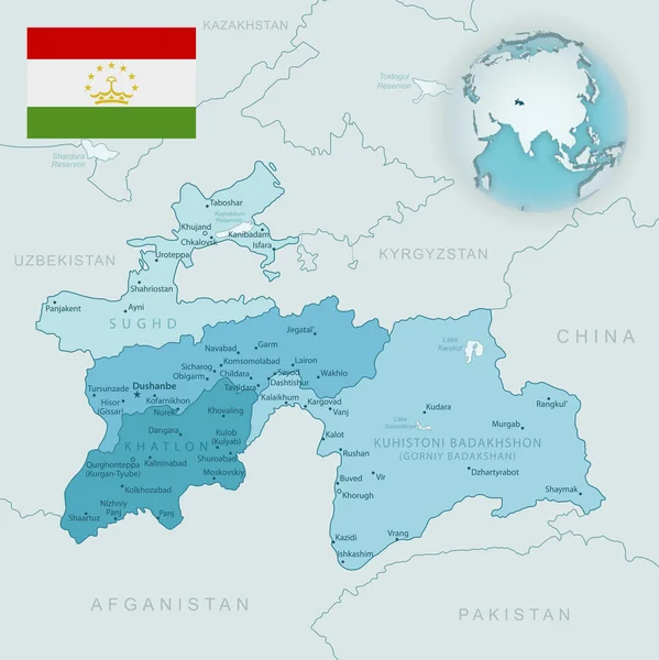 Tacikistan idari birimlerinin mavi-yeşil haritası. Ülke bayrağı ve dünya üzerindeki konumu. Vektör illüstrasyonu