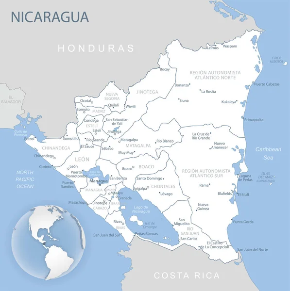 Mapa Detallado Azul Gris Nicaragua Divisiones Administrativas Ubicación Mundo Ilustración — Vector de stock