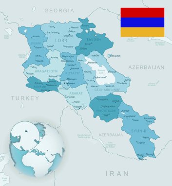 Ermenistan idari bölümlerinin mavi-yeşil haritası. Ülke bayrağı ve dünya üzerindeki konumu..