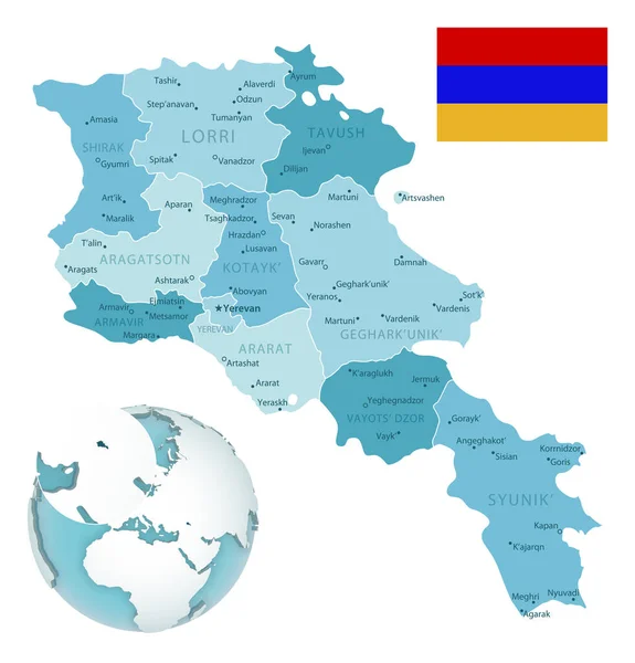 Адміністративна синьо-зелена мапа Вірменії з прапором країни та місцем розташування на глобусі. — стоковий вектор