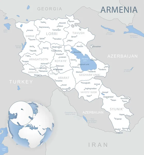 Mappa dettagliata blu-grigio delle divisioni amministrative e della posizione dell'Armenia sul globo. — Vettoriale Stock