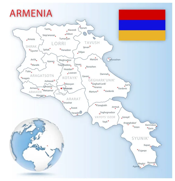 Mapa administrativo detallado de Armenia con bandera del país y ubicación en un globo azul. — Vector de stock