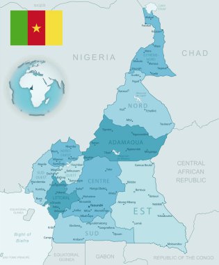 Kamerun idari bölümlerinin mavi-yeşil detaylı haritası. Ülke bayrağı ve dünya üzerindeki konumu..