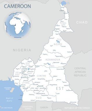 Kamerun idari bölümlerinin mavi-gri detaylı haritası ve dünya üzerindeki konumu.
