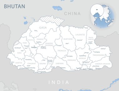 Bhutan idari bölümlerinin mavi-gri detaylı haritası ve dünya üzerindeki konumu.
