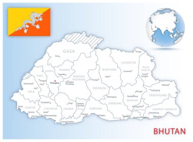 Mavi bir küre üzerinde ülke bayrağı ve konumu bulunan ayrıntılı Butan idari haritası.