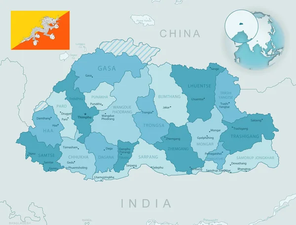 Mapa detalhado azul-esverdeado das divisões administrativas do Butão com bandeira do país e localização no globo. — Vetor de Stock