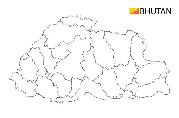 ブータン地図,黒と白の詳細概要地域. — ストックベクタ