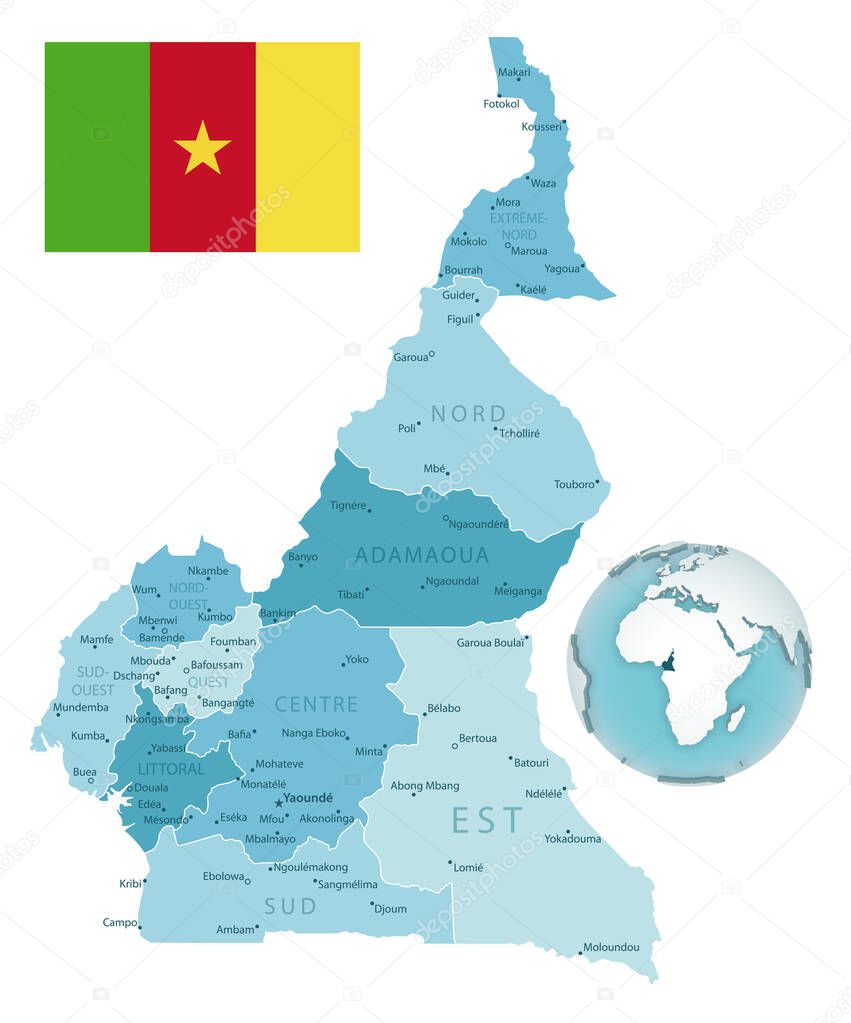 Cameroon administrative blue-green map with country flag and location on a globe.