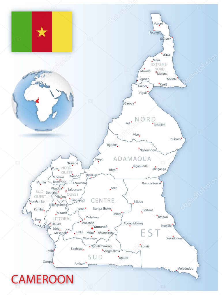 Detailed Cameroon administrative map with country flag and location on a blue globe.