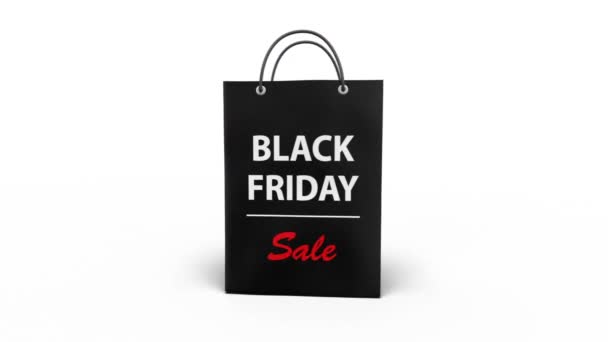 Rotating Black Friday sale concept, a black shopping bag pops up on white background and zooms into the screen. — Stock Video