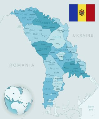 Moldova idari bölümlerinin mavi-yeşil haritası. Ülke bayrağı ve dünya üzerindeki konumu. Vektör illüstrasyonu