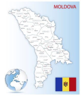 Mavi bir kürede ülke bayrağı ve konumu bulunan ayrıntılı Moldova idari haritası. Vektör illüstrasyonu