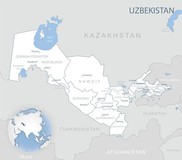 Синьо Сіра Детальна Мапа Адміністративного Поділу Узбекистану Розташування Земній Кулі — стоковий вектор
