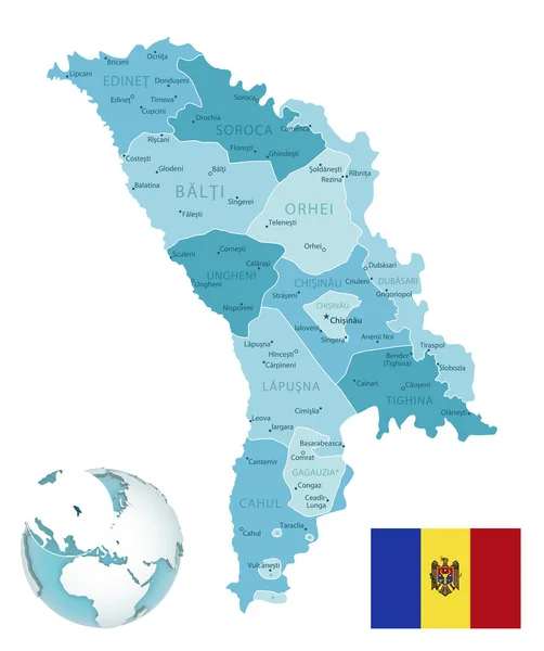 Административная Сине Зеленая Карта Молдовы Флагом Страны Расположением Глобусе Векторная — стоковый вектор