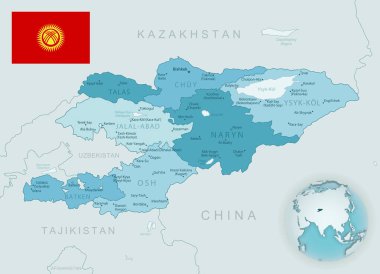 Kırgızistan idari bölümlerinin mavi-yeşil detaylı haritası. Ülke bayrağı ve dünya üzerindeki konumu. Vektör illüstrasyonu