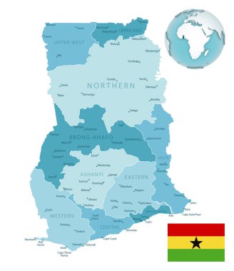 Gana idari mavi-yeşil haritasında ülke bayrağı ve bir dünya üzerinde konumu var. Vektör illüstrasyonu