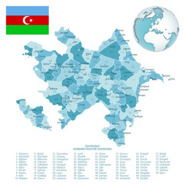 Azerbaycan idari mavi-yeşil haritası ülke bayrağı ve bir dünya üzerinde konumu.