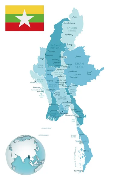 Myanmar mapa administrativo azul-verde con la bandera del país y la ubicación en un globo. — Vector de stock