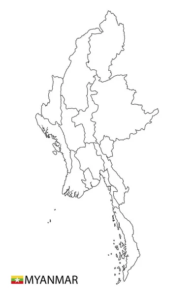 Карта Мьянмы, черно-белые подробные наброски регионов страны. — стоковый вектор