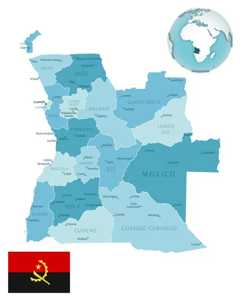 Angola mapa administrativo azul-verde con bandera del país y ubicación en un globo terráqueo. — Vector de stock