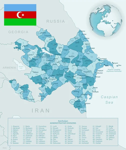 带有国旗和全球位置的阿塞拜疆行政区划蓝绿色详细地图. — 图库矢量图片