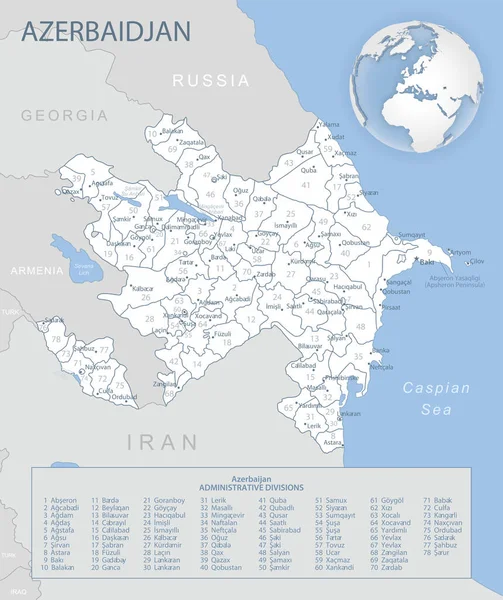 Azerbaycan idari bölümlerinin mavi-gri detaylı haritası ve dünya üzerindeki konumu.