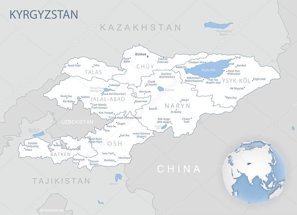 Blue-gray detailed map of Kyrgyzstan administrative divisions and location on the globe. Vector illustration