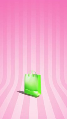 % 10 indirim. % 10 indirimli mesajlı yeşil bir çantanın animasyonu. Pembe arka planda pürüzsüz animasyon.