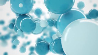 Beyaz arkaplanda kameraya doğru uçan parlak mavi kürelerin soyut üç boyutlu animasyonu