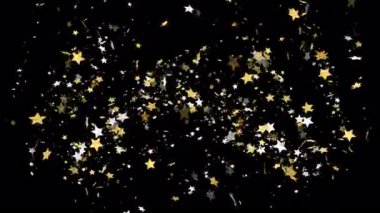 Konfeti Patlaması. Şeffaf bir arkaplanda parıldayan altın konfeti yıldızlarının animasyonu.