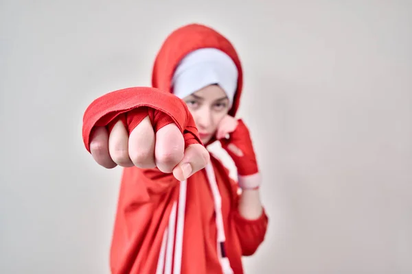 Woman Boxer Punch Camera Boxer Girl Punch Red Boxing Gloves — Stock Photo, Image
