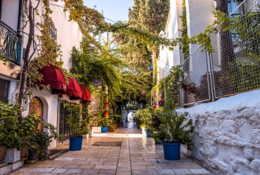 Şehir merkezi, Bodrum / Türkiye - Eylül 2019: White Street Bodrum Town 'un Ege tarzı caddesi