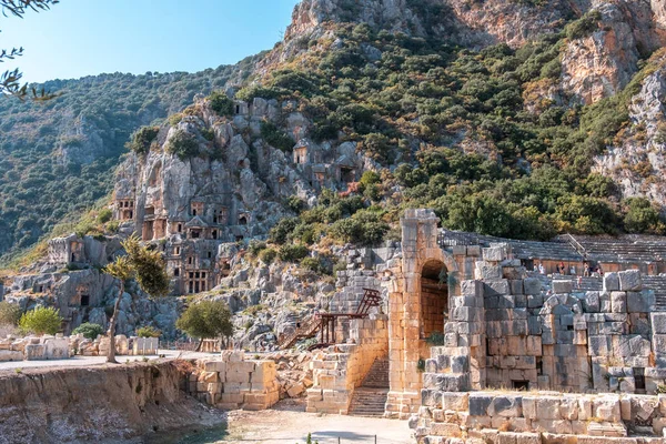 Myra Talló Casas Tumbas Piedra Ruinas Myra Ancient City Demre — Foto de Stock