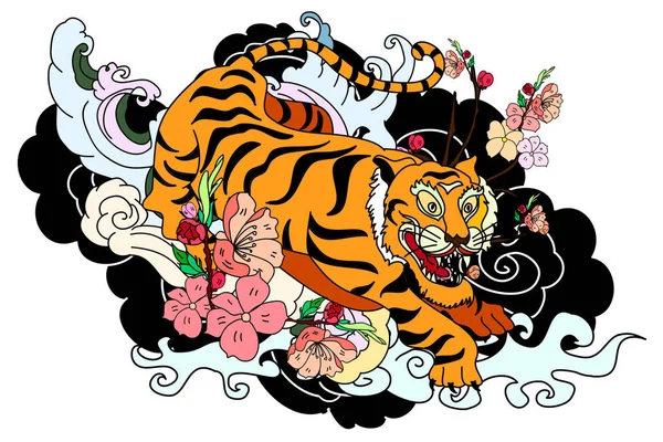 Tatuagem Tigre Japonês Tradicional Tiger Adesivo Tatuagem Design Tigre Dos — Vetor de Stock