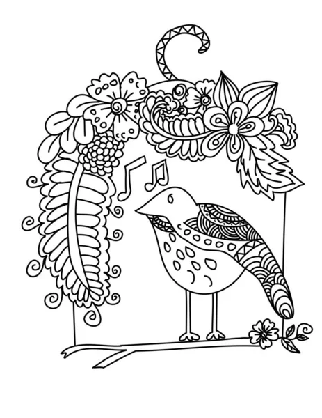 Handritade Och Doodle Konst Stil Fågel Och Tropiska Blomma — Stock vektor