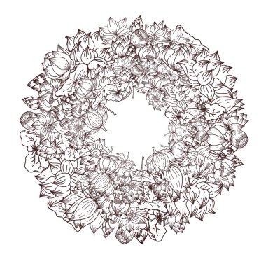 Daire el çizilmiş Lotus çiçek, boyama kitabı ve çiçek buket tasarım için vektör.