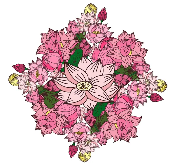 Circle Hand Getekend Lotusbloem Vector Voor Kleurboek Flower Bouquet Design — Stockvector