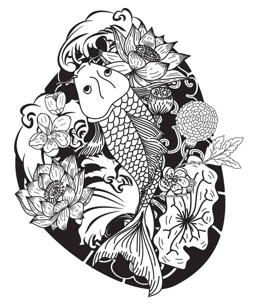 Όμορφος Τέχνη Σκίτσο Κόι Σχεδιασμός Τατουάζ Κυπρίνου — Διανυσματικό Αρχείο