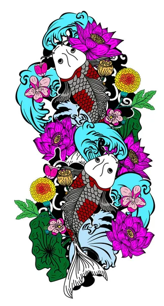 Schöne Doodle Art Koi Karpfen Tattoo Design — Stockvektor