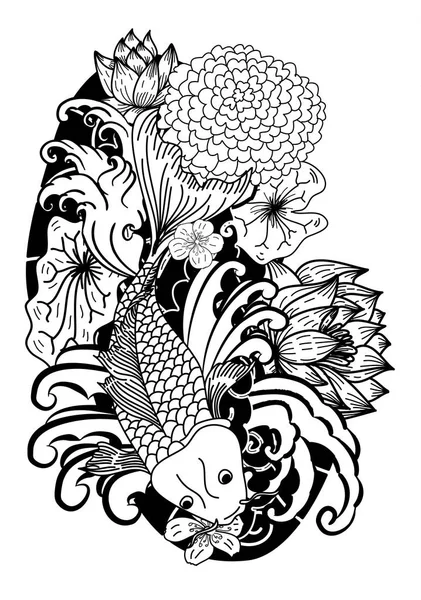 Schöne Doodle Art Koi Karpfen Tattoo Design — Stockvektor