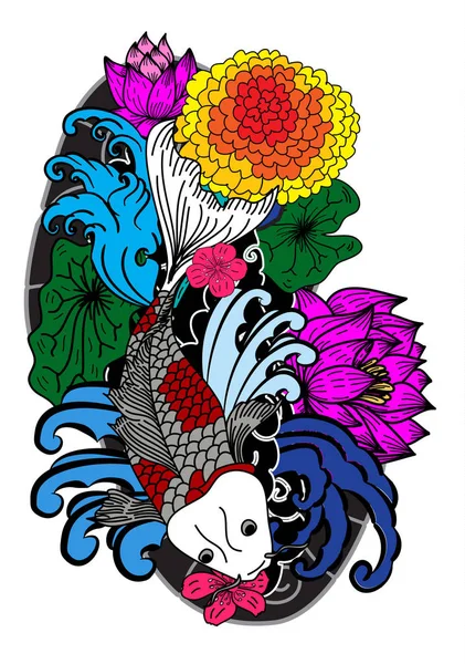 Hermoso Doodle Arte Koi Carpa Tatuaje Diseño — Vector de stock