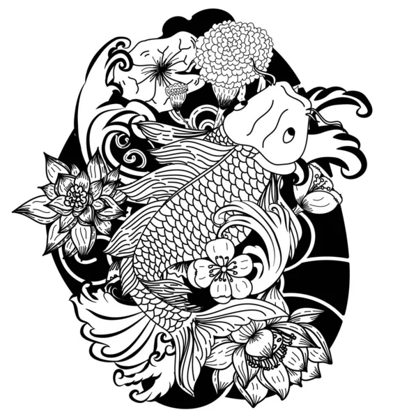 Bella Arte Doodle Koi Disegno Del Tatuaggio Della Carpa — Vettoriale Stock