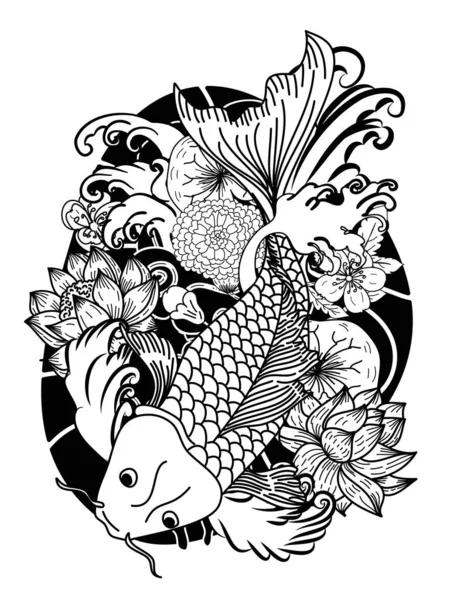 Bonito Doodle Art Koi Carpa Tatuagem Design —  Vetores de Stock