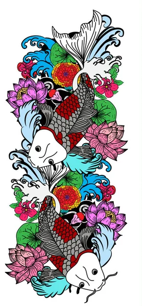 Bella Arte Doodle Koi Disegno Del Tatuaggio Della Carpa — Vettoriale Stock