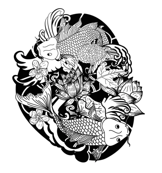 Bonito Doodle Art Koi Carpa Tatuagem Design —  Vetores de Stock