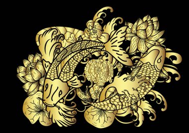 Ebegümeci çiçek ve lotus vektörü ile altın koi sazan.